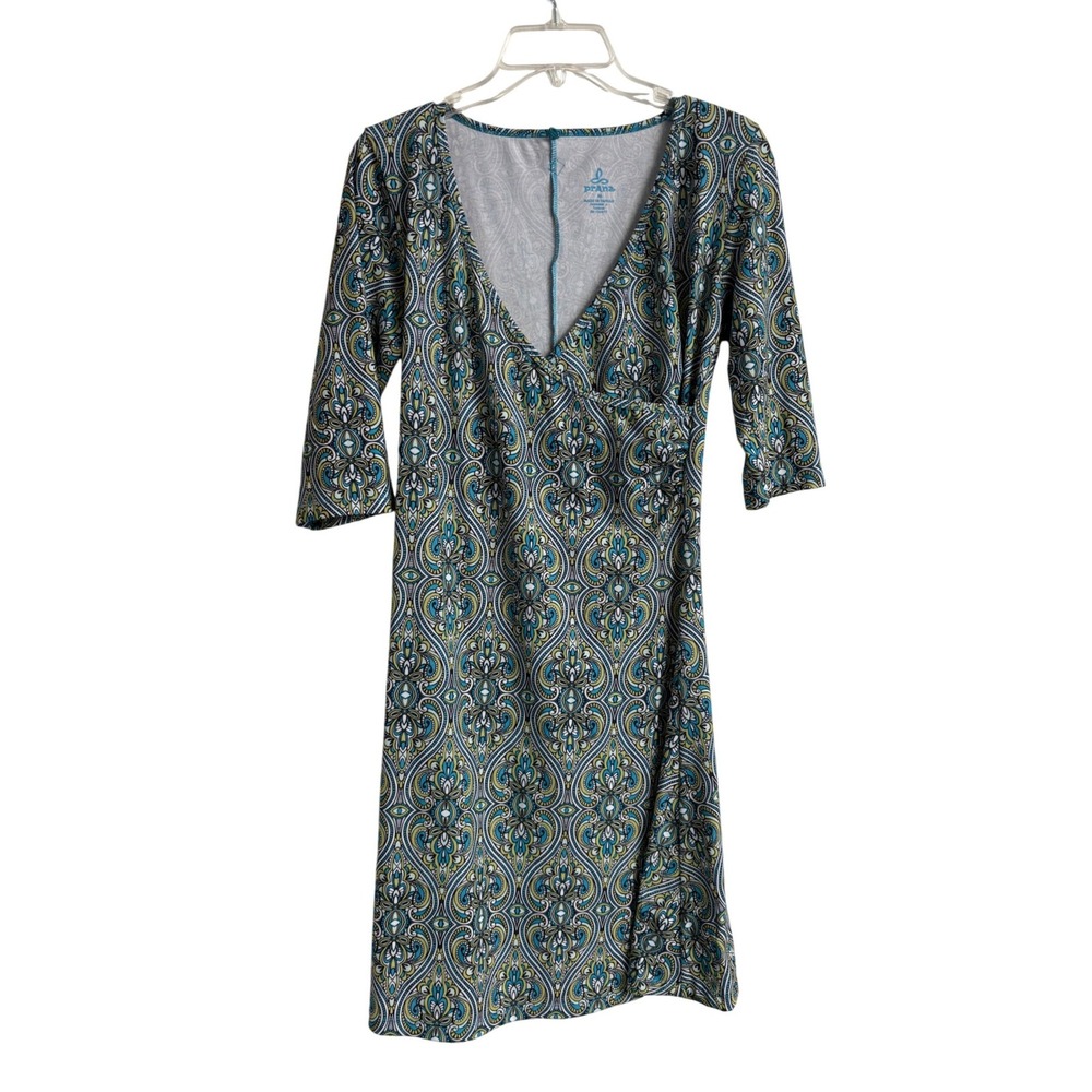 Prana Dress Blue Green Paisley Damask Faux Wrap V-Neck 3/4 Sleeve Womens M